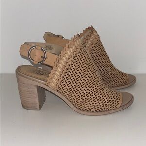 Tan Perforated Block Heel Slingback Sandals